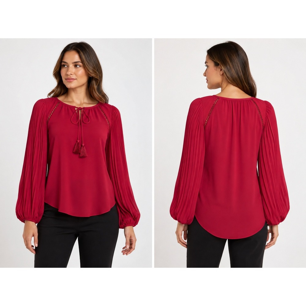 White House Black Market Red Pleated Balloon Sleeve Tassel‎ Tie Blouse Size 12